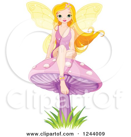 Clipart of a Female Fairy Sitting on a Purple Mushroom - Royalty Free Vector Illustration by Pushkin