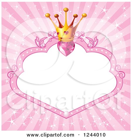 Clipart of a Princess Crown with Pink Hearts over a Frame with Copyspace and Rays - Royalty Free Vector Illustration by Pushkin