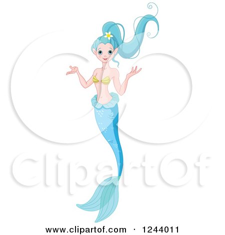 Clipart of a Shrugging Pretty Female Mermaid with Blue Hair and Fins - Royalty Free Vector Illustration by Pushkin