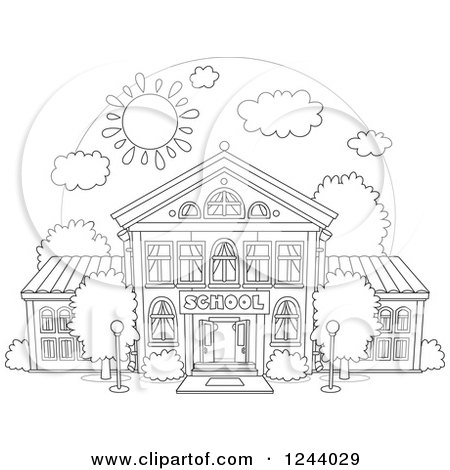 Clipart of a Black and White School Building Facade on a Sunny Day - Royalty Free Vector Illustration by Alex Bannykh