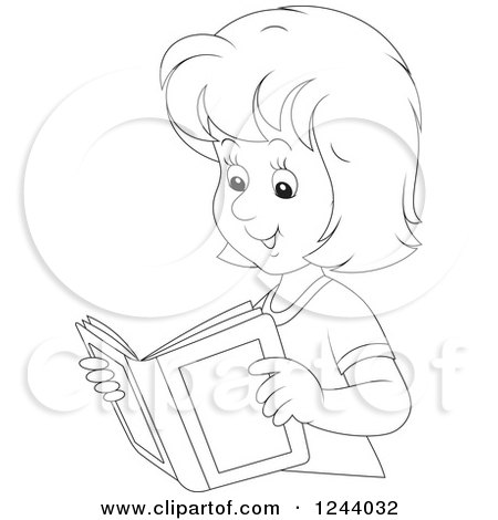 Clipart of a Black and White Happy Woman Reading a Book - Royalty Free Vector Illustration by Alex Bannykh