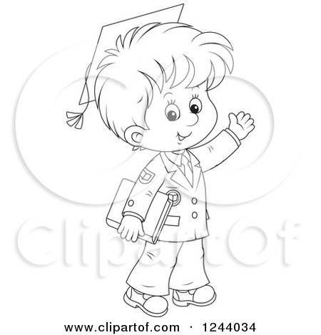Clipart of a Black and White School Boy Wearing Graduation Caps and Waving - Royalty Free Vector Illustration by Alex Bannykh