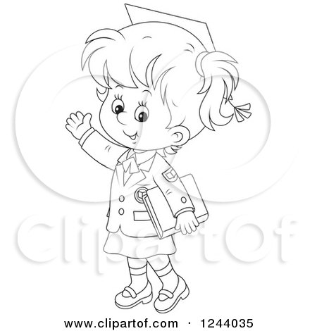 Clipart of a Black and White School Girl Wearing a Graduation Cap and Waving - Royalty Free Vector Illustration by Alex Bannykh