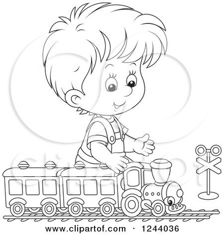 Clipart of a Black and White Boy Playing with a Train Set - Royalty Free Vector Illustration by Alex Bannykh