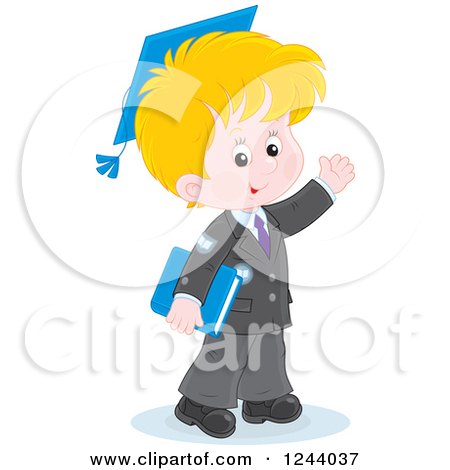 Clipart of a Blond Caucasian School Boy Wearing a Graduation Cap and Waving - Royalty Free Vector Illustration by Alex Bannykh