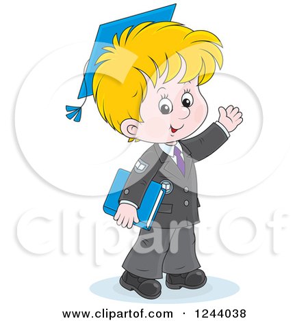 Clipart of a Blond School Boy Wearing a Graduation Cap and Waving - Royalty Free Vector Illustration by Alex Bannykh