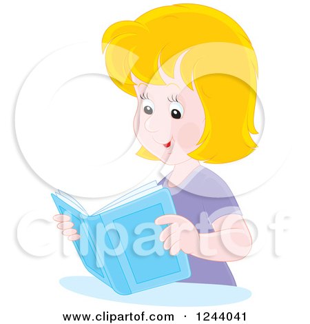 Clipart of a Happy Blond Caucasian Woman Reading a Book - Royalty Free Vector Illustration by Alex Bannykh