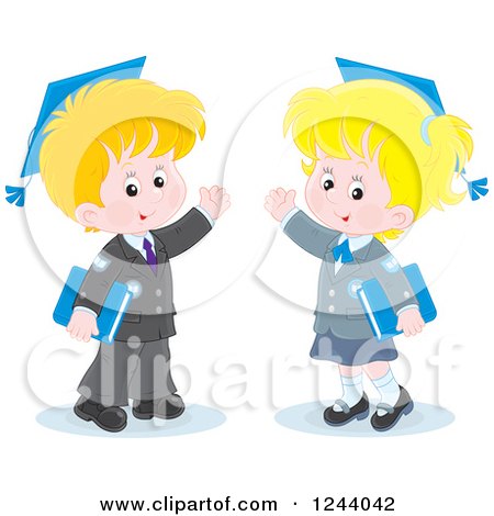 Clipart of a Blond Caucasian School Boy and Girl Wearing Graduation Caps and Waving - Royalty Free Vector Illustration by Alex Bannykh