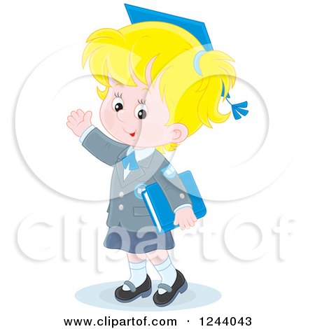 Clipart of a Blond Caucasian School Girl Wearing a Graduation Cap and Waving - Royalty Free Vector Illustration by Alex Bannykh