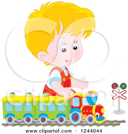 Clipart of a Blond Caucasian Boy Playing with a Train Set - Royalty Free Vector Illustration by Alex Bannykh
