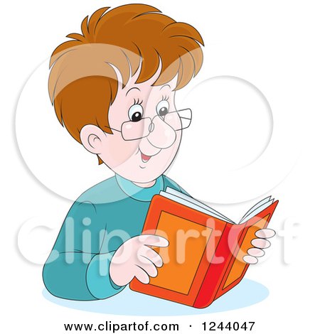 Clipart of a Happy Caucasian Man Reading a Book - Royalty Free Vector Illustration by Alex Bannykh