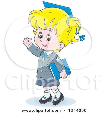 Clipart of a Blond School Girl Wearing a Graduation Cap and Waving - Royalty Free Vector Illustration by Alex Bannykh