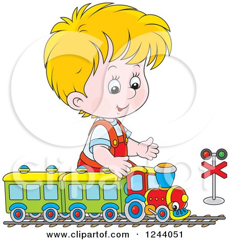Clipart of a Blond Boy Playing with a Train Set - Royalty Free Vector Illustration by Alex Bannykh