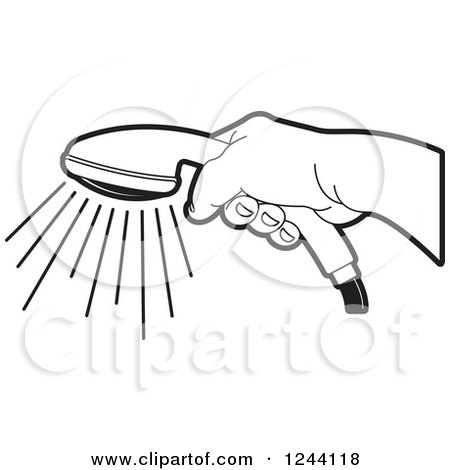 Clipart of a Black and White Hand Holding a Shower Head - Royalty Free Vector Illustration by Lal Perera