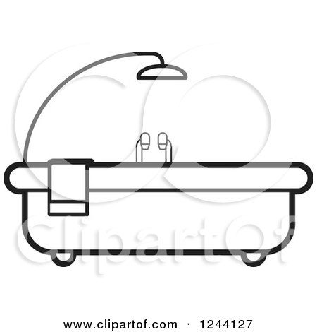 Clipart of a Black and White Bath Tub with Shower Above - Royalty Free Vector Illustration by Lal Perera