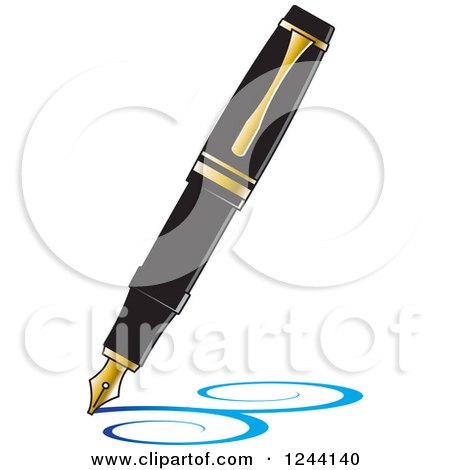 Clipart of a Vintage Fountain Pen Nib Drawing Blue Swirls - Royalty Free Vector Illustration by Lal Perera