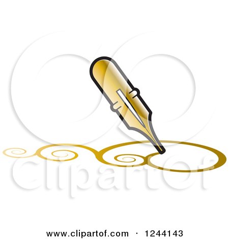 Clipart of a Vintage Gold Fountain Pen Nib Drawing Swirls - Royalty Free Vector Illustration by Lal Perera