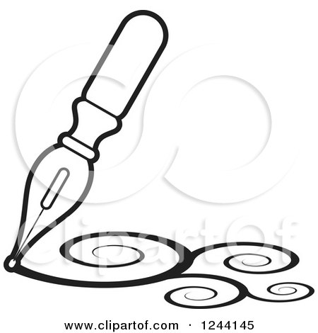 Clipart of a Vintage Black and White Fountain Pen Nib Drawing Swirls - Royalty Free Vector Illustration by Lal Perera