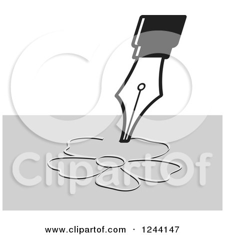 Clipart of a Vintage Fountain Pen Nib Drawing a Flower on Gray - Royalty Free Vector Illustration by Lal Perera