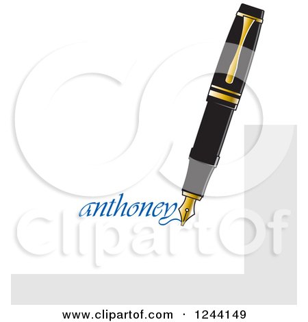 Clipart of a Vintage Brown Fountain Pen Writing Anthoney - Royalty Free Vector Illustration by Lal Perera