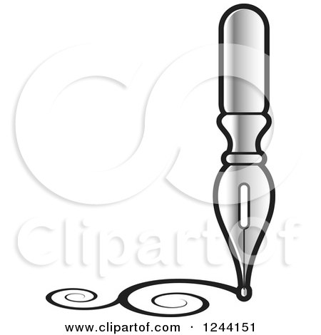Clipart of a Vintage Silver Fountain Pen Nib Drawing Swirls - Royalty Free Vector Illustration by Lal Perera