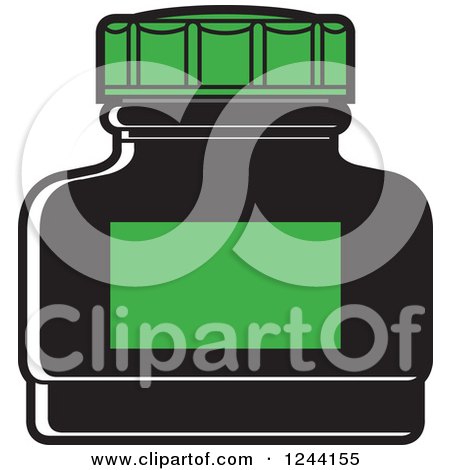 Clipart of a Black Ink Bottle with a Green Label - Royalty Free Vector Illustration by Lal Perera