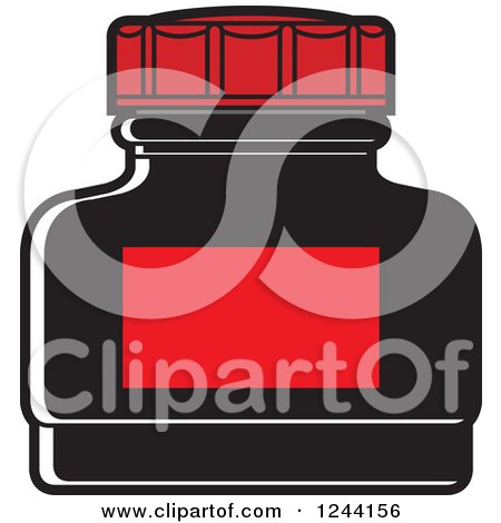 Clipart of a Black Ink Bottle with a Red Label - Royalty Free Vector Illustration by Lal Perera