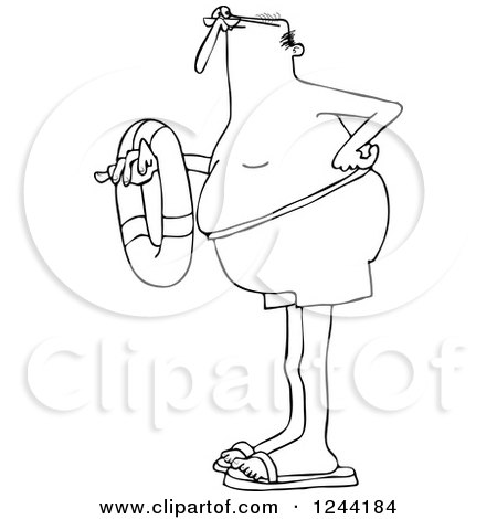 Clipart of a Black and White Long Legged Man Holding an Inner Tube - Royalty Free Vector Illustration by djart