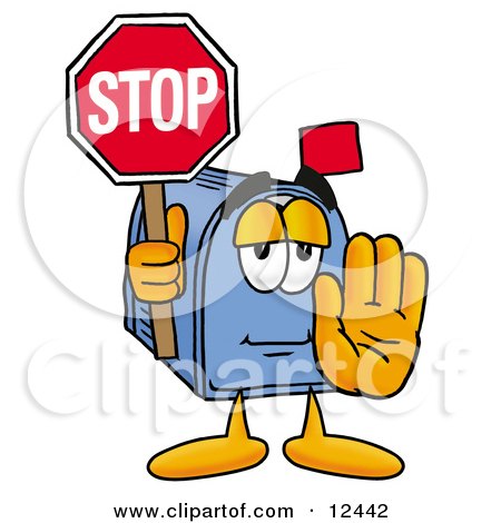 Clipart Picture of a Blue Postal Mailbox Cartoon Character Holding a Stop Sign by Mascot Junction