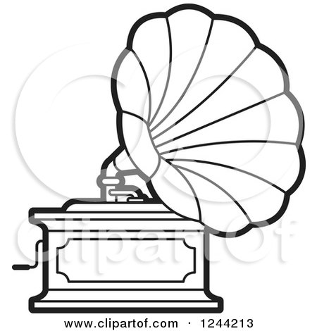 Clipart of a Black and White Phonograph Gramophone 2 - Royalty Free Vector Illustration by Lal Perera