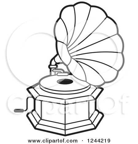 Clipart of a Black and White Phonograph Gramophone 5 - Royalty Free Vector Illustration by Lal Perera