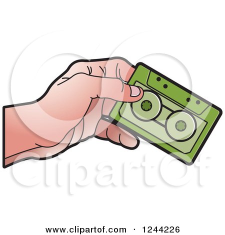 Clipart of a Hand Holding a Green Cassette Tape - Royalty Free Vector Illustration by Lal Perera