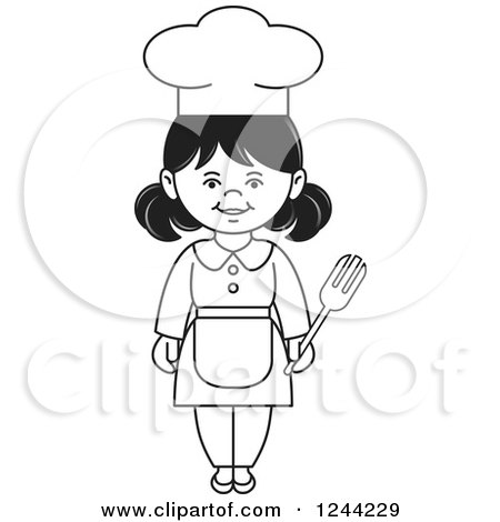 Clipart of a Black and White Female Chef Holding a Fork - Royalty Free Vector Illustration by Lal Perera