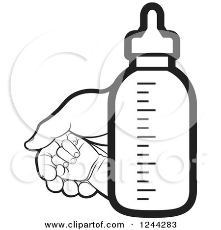 Clipart of a Black and White Mother and Baby Hand by a Bottle - Royalty Free Vector Illustration by Lal Perera