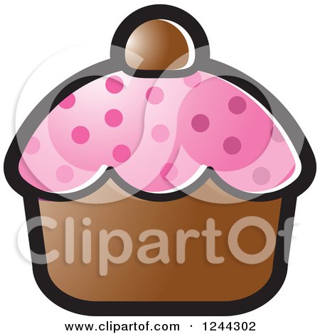 Clipart of a Brown and Pink Polka Dot Cupcake - Royalty Free Vector Illustration by Lal Perera