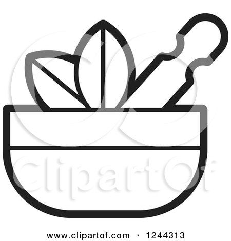 Clipart of a Black and White Mortar and Pestle with Leaves - Royalty Free Vector Illustration by Lal Perera