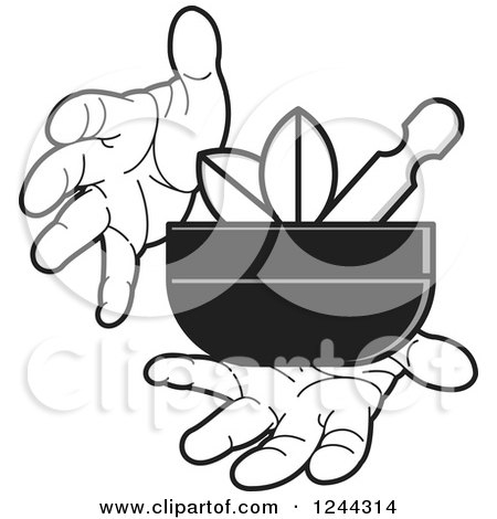 Clipart of Black and White Hands Holding a Mortar and Pestle with Leaves - Royalty Free Vector Illustration by Lal Perera