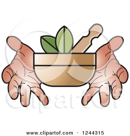Clipart of Hands Holding a Mortar and Pestle with Leaves - Royalty Free Vector Illustration by Lal Perera