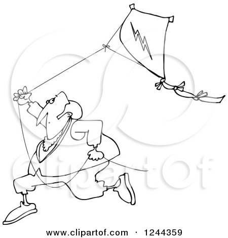 Clipart of a Black and White Benjamin Franklin Running with a Kite - Royalty Free Vector Illustration by djart