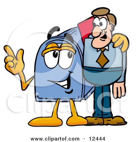 Clipart Picture of a Blue Postal Mailbox Cartoon Character Talking to a Business Man by Mascot Junction