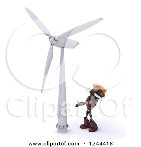 Clipart of a 3d Red Robot Looking up at a Wind Turbine - Royalty Free Illustration by KJ Pargeter