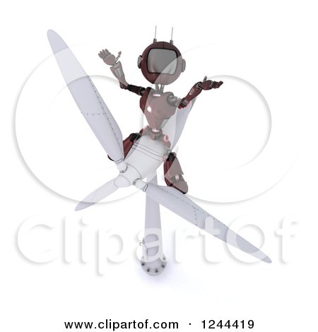 Clipart of a 3d Red Robot Sitting on a Wind Turbine - Royalty Free Illustration by KJ Pargeter