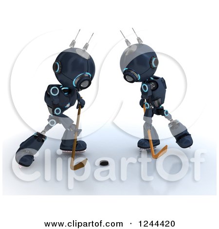 Clipart of 3d Blue Android Robots Playing Hockey 3 - Royalty Free Illustration by KJ Pargeter