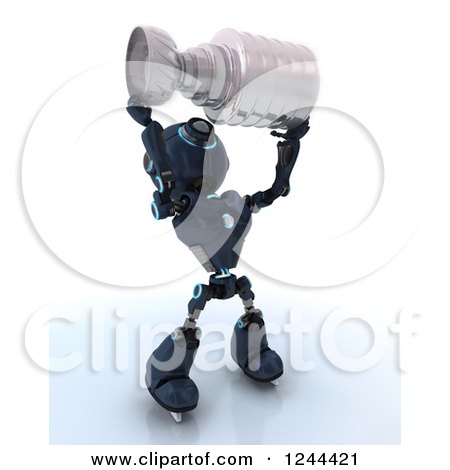 Clipart of a 3d Blue Android Robot Ice Hockey Champion Holding up a Trophy - Royalty Free Illustration by KJ Pargeter