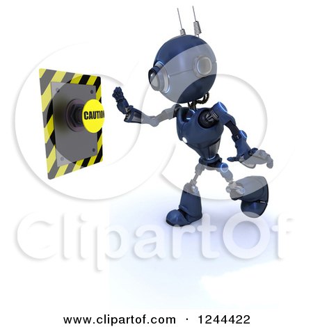 Clipart of a 3d Blue Android Robot Pushing a Caution Button - Royalty Free Illustration by KJ Pargeter