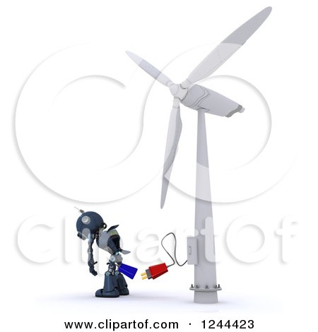 Clipart of a 3d Blue Robot and Plug at a Wind Turbine - Royalty Free Illustration by KJ Pargeter