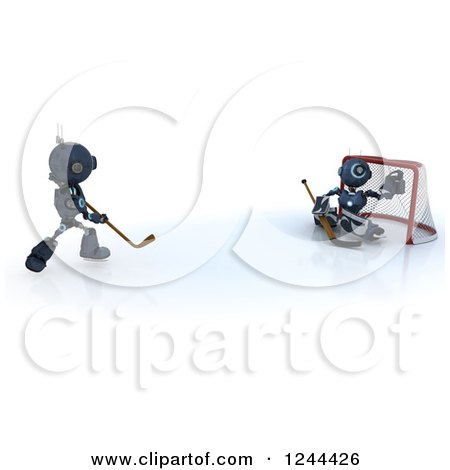 Clipart of 3d Blue Android Robots Playing Hockey 2 - Royalty Free Illustration by KJ Pargeter