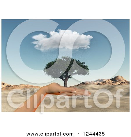 Clipart of a 3d Hand Holding a Tree over a Desert Landscape - Royalty Free Illustration by KJ Pargeter