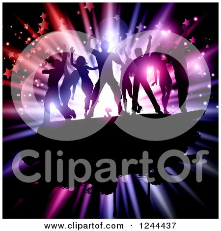 Clipart of a Silhouetted Dancing Crowd over a Colorful Burst with Flares and Stars - Royalty Free Vector Illustration by KJ Pargeter