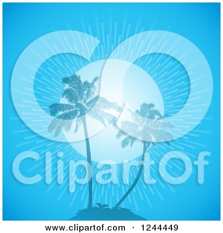 Clipart of a Blue Sunburst and Palm Trees on an Island - Royalty Free Vector Illustration by elaineitalia